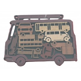 Casse tête puzzle en bois voiture, bus et camion.